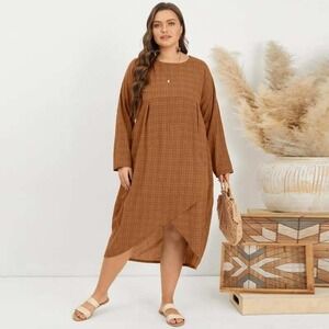 ZANZEA Collection Orange Plaid LongSleeve Asymmetrical Midi Dress Large Babydoll